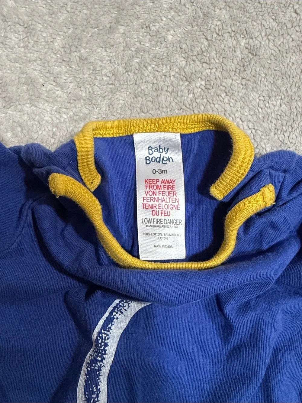 Baby Boden Royal Blue Romper with Yellow Trim and White Dinosaur